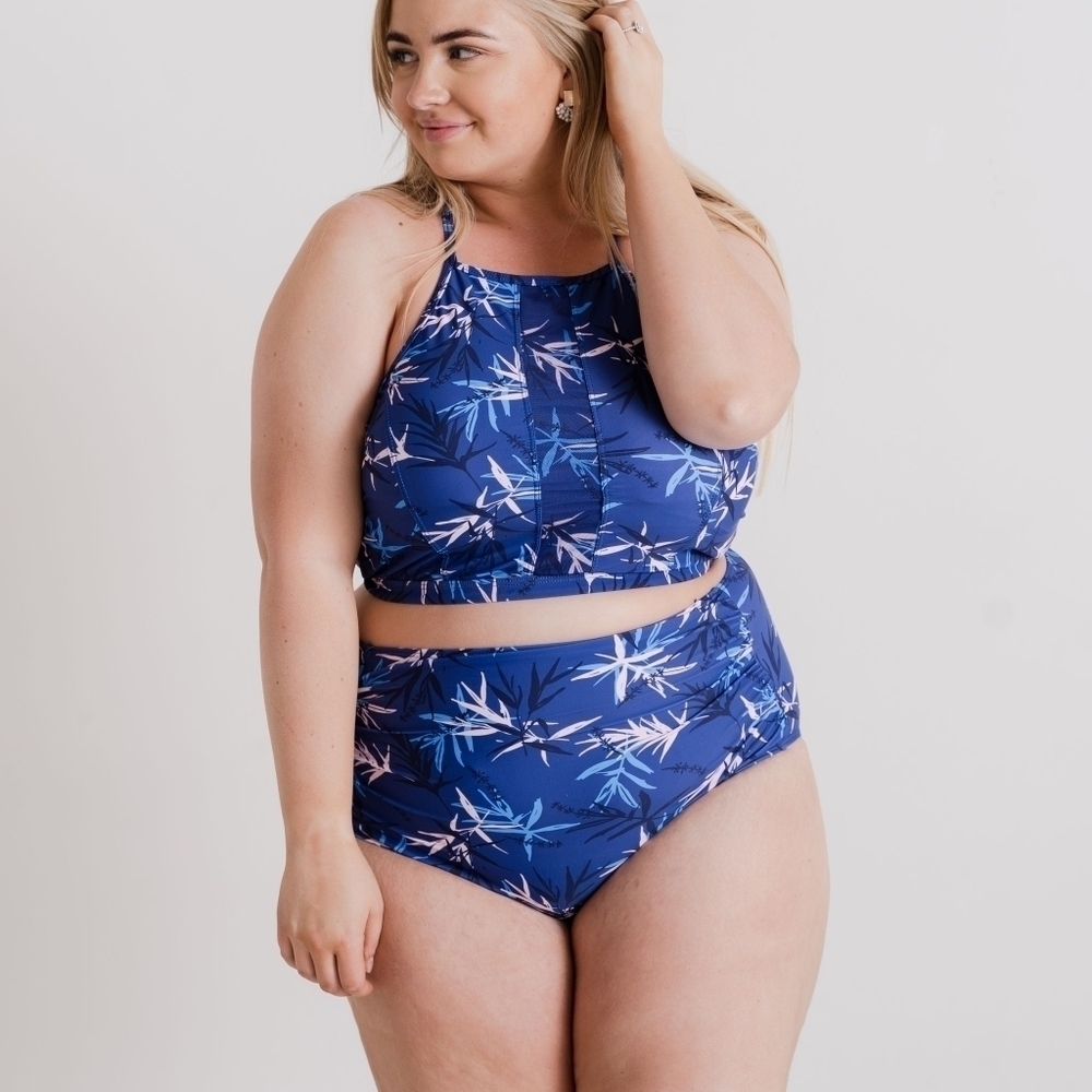 NWT 2XL High Waist Ruched Swimsuit Bikini Bottom Blue Palm